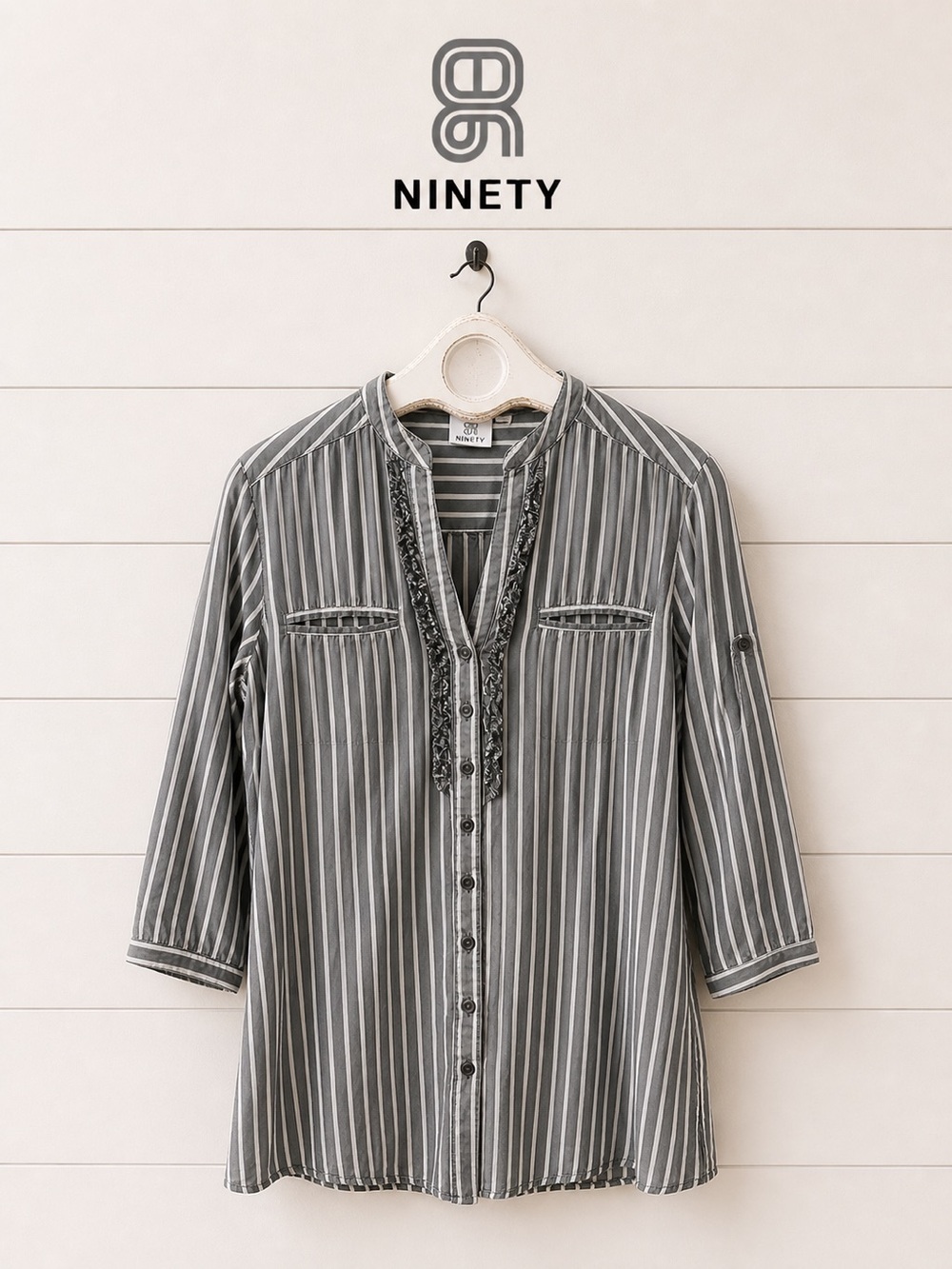 NINETY  – Grey Striped Blouse with Ruffle Detail – Size L
